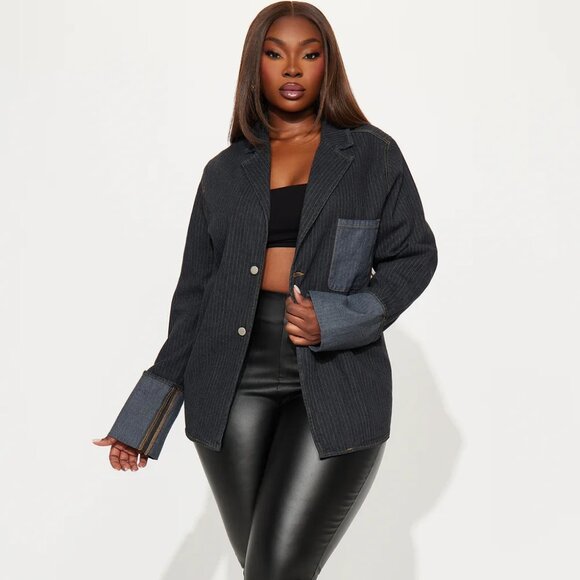 NEW! FASHION NOVA 'Nour' Pinstripe Cuffed Oversized Denim Blazer Jacket - Picture 3 of 14